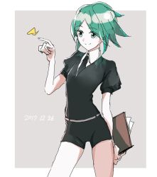 Rule 34 | androgynous, bad id, bad twitter id, black necktie, black shorts, clipboard, closed mouth, collared shirt, commentary request, contrapposto, cowboy shot, dated, gender request, green eyes, green hair, green nails, grey background, hand up, highres, holding, houseki no kuni, legs apart, nail polish, necktie, phosphophyllite, puffy short sleeves, puffy sleeves, shirt, short hair, short sleeves, shorts, simple background, smile, solo, standing, swav, white shirt, wing collar