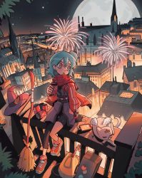 Rule 34 | 1girl, absurdres, animal, asymmetrical pants, bandaid, blue hair, bright pupils, broom, building, can, carles dalmau, cat, cellphone, chimney, city, cityscape, earbuds, earphones, female focus, fingerless gloves, fireworks, full moon, gloves, hat, unworn headwear, highres, holding, holding can, horizon, jacket, moon, mountainous horizon, night, on railing, original, outdoors, pants, parted lips, phone, railing, red eyes, red jacket, red scarf, scarf, shadow, shoes, side bun, sitting, sky, smartphone, soda, solo, star (sky), starry sky, white pupils, wings, witch, witch hat, yoga pants