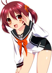 Rule 34 | 1girl, :d, brown eyes, brown hair, highres, isa (ni-iro), isshiki akane, open mouth, salute, school uniform, scrunchie, short shorts, shorts, smile, solo, twintails, vividred operation