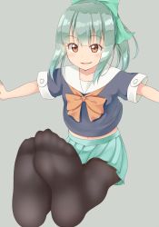 Rule 34 | 10s, 1girl, black pantyhose, bow, brown eyes, feet, grey hair, gurande (g-size), hair bow, highres, kantai collection, no shoes, open mouth, outstretched arms, pantyhose, school uniform, serafuku, sitting, smile, soles, solo, spread arms, yuubari (kancolle)