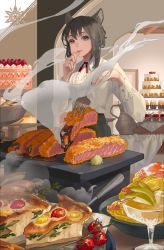 Rule 34 | 1girl, absurdres, animal ears, black hair, blueberry, breasts, cake, collared shirt, cupcake, food, food focus, fork, fruit, highres, indoors, licking, licking finger, looking at viewer, medium breasts, original, pasta, polycodonis, sauce, shirt, short hair, smile, solo, standing, steam, strawberry, sweets, whipped cream