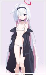 Rule 34 | 1girl, plana (blue archive), bikini, black choker, black coat, black eyes, black hairband, blue archive, bow, braid, choker, coat, collarbone, colored inner hair, flat chest, fumino5jyo, groin, hair bow, hair over one eye, hairband, halo, highres, long hair, multicolored hair, open clothes, open coat, pink hair, red pupils, single braid, solo, swimsuit, very long hair, white bikini, white bow, white hair