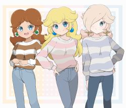 Rule 34 | 3girls, alternate costume, aqua eyes, blonde hair, blue eyes, blue pants, blue stripes, blush, breasts, brown hair, brown stripes, casual, chocomiru, denim, earrings, flower earrings, hair over one eye, hand on own hip, hands on own hips, highres, jeans, jewelry, looking at viewer, mario (series), multiple girls, nintendo, open mouth, pants, pink stripes, polka dot, polka dot background, princess daisy, princess peach, rosalina, shirt, smile, striped clothes, striped shirt, super mario bros. 1, super mario galaxy, super mario land