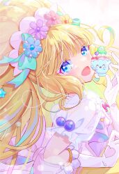 Rule 34 | 1girl, absurdres, back bow, big hair, blonde hair, blue eyes, blunt bangs, bow, commentary, cure finale, cure finale (party up style), delicious party precure, dress, flower, flower hairband, from side, gloves, hair bow, hair flower, hair ornament, highres, kasai amane, lilylily0601, long hair, looking at viewer, magical girl, open mouth, precure, puffy short sleeves, puffy sleeves, recipipi, revision, see-through, see-through sleeves, short sleeves, smile, solo, white dress, white gloves
