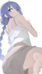 Rule 34 | 1girl, barefoot, blue eyes, blue hair, blush, braid, camisole, from behind, grey shorts, highres, hiroki (yyqw7151), looking at viewer, looking back, mushoku tensei, roxy migurdia, shorts, soles, solo, toes, twin braids, white camisole