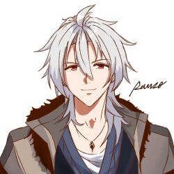 Rule 34 | 1boy, blue shirt, brown coat, closed mouth, coat, commentary request, crow armbrust, eiyuu densetsu, fur-trimmed coat, fur trim, grey hair, hair between eyes, jewelry, long hair, looking at viewer, male focus, necklace, oxygen00, red eyes, sen no kiseki, sen no kiseki iv, shirt, simple background, smile, solo, upper body, white background, white shirt