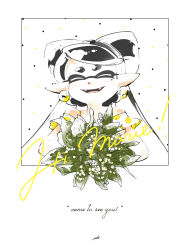 Rule 34 | 1girl, artist name, black hair, bouquet, callie (splatoon), closed eyes, commentary, cursive, earrings, english text, fangs, flower, highres, holding, inkling, jewelry, lily of the valley, long hair, looking at viewer, mask, nintendo, off shoulder, open mouth, pointy ears, portrait, seto (asils), signature, smile, solo, tentacle hair