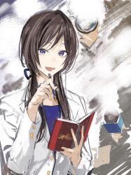 Rule 34 | 1girl, abstract background, blue ribbon, blue shirt, book, brown hair, camera, hair over shoulder, hair ribbon, hands up, highres, holding, holding book, ikuhana niiro, jacket, lapels, long hair, long sleeves, looking at viewer, microphone, open book, open mouth, otonashi etsuko, pen to chin, purple eyes, ribbon, shirt, smile, solo focus, umamusume, upper body, white jacket