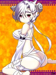 Rule 34 | 1girl, ahoge, ass, azur lane, bad id, bad pixiv id, bandages, bare shoulders, breasts, detached sleeves, hair over one eye, halloween, large breasts, looking at viewer, looking back, red eyes, short hair, sitting, smile, solo, stitches, takoyakiteishoku, terror (azur lane), terror (halloween terror) (azur lane), white hair