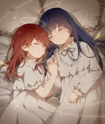 Rule 34 | 2girls, aged down, arknights, beamed eighth notes, bed sheet, black hair, blue ribbon, blush, bow, brown hair, closed eyes, commentary request, cyarhy, dress, eighth note, exusiai (arknights), frilled pillow, frills, halo, holding hands, long hair, long sleeves, lying, mostima (arknights), multiple girls, musical note, neck ribbon, on back, on side, parted lips, pillow, puffy long sleeves, puffy short sleeves, puffy sleeves, quarter note, red bow, ribbon, short sleeves, sleeping, sleeves past wrists, very long hair, white dress
