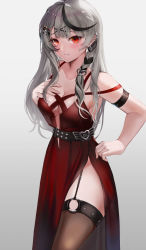 Rule 34 | 1girl, alternate costume, belt, black thighhighs, braid, breast suppress, breasts, cleavage, closed mouth, collarbone, cowboy shot, daika!!, dress, garter straps, grey hair, hand on own hip, highres, hololive, holox, long dress, long hair, looking at viewer, medium breasts, multicolored hair, plunging neckline, red eyes, sakamata chloe, side slit, simple background, sleeveless, sleeveless dress, solo, streaked hair, thighhighs, virtual youtuber