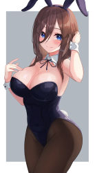 Rule 34 | 1girl, absurdres, animal ears, black leotard, black ribbon, blue eyes, border, breast suppress, breasts, brown hair, cleavage, commentary, cowboy shot, detached collar, fake animal ears, go-toubun no hanayome, grey background, hair between eyes, hand on own chest, highres, hiyoku, large breasts, leotard, long hair, nakano miku, neck ribbon, pantyhose, playboy bunny, rabbit ears, rabbit tail, ribbon, skindentation, smile, solo, standing, strapless, strapless leotard, tail, two-tone background, white border, wrist cuffs