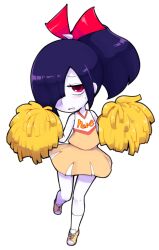 Rule 34 | 1girl, ameonna (youkai watch), blush, cheerleader, full body, hair over one eye, high ponytail, long hair, looking at viewer, nollety, open mouth, pink eyes, pom pom (cheerleading), purple hair, simple background, skirt, sleeveless, solo, white background, youkai (youkai watch), youkai watch