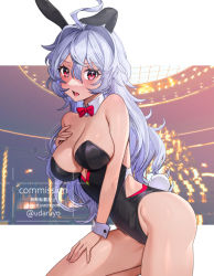 Rule 34 | 1girl, ahoge, animal ears, antenna hair, artist name, ass, bare shoulders, black leotard, blue hair, blush, borrowed character, bow, bowtie, breasts, ceiling, cleavage, commentary, commission, cowboy shot, detached collar, fake animal ears, fang, ganyu (genshin impact), genshin impact, hair between eyes, hand on own chest, highleg, highleg leotard, knee up, large breasts, leotard, lights, long hair, lower teeth only, multicolored hair, open mouth, playboy bunny, rabbit tail, red bow, red bowtie, red eyes, skeb commission, solo, strapless, strapless leotard, streaked hair, sweat, tail, teeth, thighs, udaruyo, upper teeth only, white hair, wrist cuffs