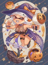 Rule 34 | 1girl, black panties, breasts, dark-skinned female, dark skin, halloween, hat, highres, holding, holding weapon, inkling, inkling girl, inkling player character, jack-o&#039;-lantern, long hair, medium breasts, nintendo, one eye closed, open clothes, panties, pointy ears, red eyes, see-through, shina shina, solo, splatoon (series), splatoon 2, tentacle hair, thigh strap, underwear, weapon, witch, witch hat, wrist cuffs