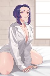 Rule 34 | 1girl, absurdres, boku no hero academia, breasts, cleavage, collarbone, commentary, commission, english commentary, highres, indoors, koyap, lady nagant, large breasts, looking at viewer, multicolored hair, on bed, open clothes, open shirt, parted bangs, pink hair, purple eyes, purple hair, shirt, short hair, sitting, solo, thighs, two-tone hair, wariza, white shirt, window