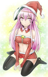 Rule 34 | 1girl, :o, bare shoulders, black thighhighs, breasts, bridal gauntlets, bustier, cleavage, crop top, detached collar, hat, hata no kokoro, highres, looking at viewer, mask, miniskirt, mouth mask, parted lips, pink eyes, pink hair, santa costume, santa hat, shiny skin, sitting, skirt, solo, thighhighs, touhou, wariza, y2