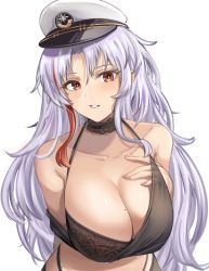 Rule 34 | 1girl, arm behind back, azur lane, bare shoulders, black bra, black tank top, blush, bra, bra strap, breasts, cleavage, collarbone, commentary request, detached collar, feet out of frame, fingernails, hand on back, hand on own chest, large breasts, long hair, looking at viewer, mole, mole on breast, multicolored hair, nail polish, official alternate costume, pigeon (wejil), red eyes, silver hair, solo, standing, tallinn (azur lane), tallinn (nostalgic pilsner) (azur lane), tank top, underwear, white background, white headwear