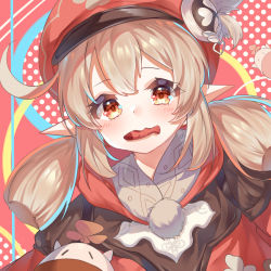 Rule 34 | 1girl, blonde hair, blush, cabbie hat, child, chinese commentary, commentary request, dress, fish in mouth, genshin impact, guzangnanfeng, hat, hat feather, highres, klee (genshin impact), long hair, looking at viewer, pointy ears, red background, red dress, red eyes, red hat, solo, twintails