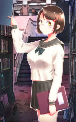 Rule 34 | 1girl, blush, book, bow, bowtie, breasts, brown hair, female focus, glasses, hair ornament, hairclip, highres, large breasts, legs, library, looking at viewer, nabesekizaiten, school uniform, serious, short hair, skirt, solo, stairs, standing, thighs, yellow eyes