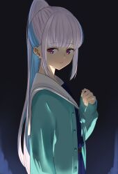 Rule 34 | 1girl, blue hair, blue jacket, hand up, highres, jacket, lize helesta, long hair, long sleeves, looking to the side, multicolored hair, nijisanji, open clothes, open jacket, parted lips, ponytail, purple eyes, rinfamm, sailor collar, sleeves past wrists, solo, two-tone hair, upper body, virtual youtuber, white hair, white sailor collar
