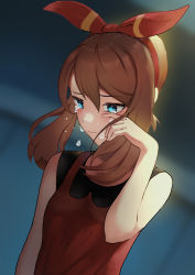 Rule 34 | 1girl, absurdres, bare arms, blue eyes, blurry, blurry background, blush, bow hairband, closed mouth, commentary, creatures (company), crying, game freak, hair between eyes, hairband, hand up, highres, jyu gorilla, looking down, may (pokemon), nintendo, pokemon, pokemon oras, red hairband, red shirt, sad, shirt, sleeveless, sleeveless shirt, solo, symbol-only commentary, tears
