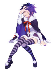 Rule 34 | 1girl, :d, black cape, black footwear, cape, d.gray-man, dress shirt, full body, fur-trimmed cape, fur-trimmed skirt, fur trim, highres, invisible chair, miniskirt, nail polish, neck ribbon, ninebirds, open mouth, purple hair, purple nails, purple skirt, red ribbon, ribbon, road kamelot, shirt, short hair, simple background, sitting, skirt, smile, solo, spiked hair, striped clothes, striped thighhighs, thigh gap, thighhighs, white background, white shirt, yellow eyes, zettai ryouiki