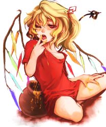Rule 34 | 1girl, alternate costume, blouse, female focus, flandre scarlet, hand on own thigh, highres, honey, licking, licking finger, one eye closed, red shirt, shiro (hakukosui), shirt, solo, touhou, wings, wink
