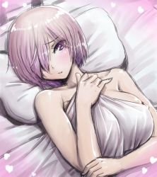 Rule 34 | 1girl, amania orz, bare shoulders, bed sheet, blush, breasts, collarbone, fate/grand order, fate (series), hair over one eye, heart, large breasts, looking at viewer, lying, mash kyrielight, naked sheet, on back, parted lips, pillow, pink hair, purple eyes, short hair, solo, under covers