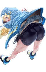 Rule 34 | 1boy, aqua eyes, ass, ass focus, bare legs, bike shorts, black gloves, blonde hair, bridget (guilty gear), butt crack, cross, cuffs, duplicate, english text, fingerless gloves, from behind, gloves, guilty gear, guilty gear strive, habit, handcuffs, highres, looking at viewer, looking back, open mouth, pixel-perfect duplicate, pleated skirt, shorts, simple background, skirt, smile, solo, trap, uenoryoma, white background, yo-yo