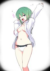 Rule 34 | 1girl, alternate costume, amisu, arm up, asymmetrical hair, blush, bow, bow panties, breasts, center opening, cowboy shot, dress shirt, frilled panties, frills, green eyes, green hair, highres, juliet sleeves, long sleeves, looking away, matching hair/eyes, navel, no bra, one-hour drawing challenge, one eye closed, open clothes, open mouth, open shirt, outstretched arm, panties, pocket, puffy sleeves, shiki eiki, shirt, sleeves past wrists, small breasts, solo, stomach, touhou, unbuttoned, underwear, waking up, white panties, white shirt, yawning