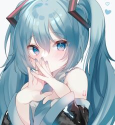 Rule 34 | 1girl, bad hands, bare shoulders, black sleeves, blue eyes, blue hair, blue nails, blue necktie, blush, collared shirt, covered mouth, detached sleeves, grey background, hair between eyes, hatsune miku, heart, highres, long sleeves, nail polish, necktie, shirt, simple background, sleeveless, sleeveless shirt, solo, steepled fingers, twintails, upper body, vocaloid, white shirt, wide sleeves, yuni (irohasuiroiro)