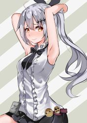 Rule 34 | 1girl, absurdres, ahoge, armpits, arms up, bare arms, bare shoulders, black bow, black ribbon, black skirt, blush, bow, breasts, brown eyes, chain, commentary, diagonal stripes, five-seven (girls&#039; frontline), girls&#039; frontline, grey hair, grey skirt, hair between eyes, hair ornament, hair ribbon, highres, long hair, looking at viewer, medium breasts, pleated skirt, ponytail, ribbon, shirt, sidelocks, sitting, skirt, sleeveless, sleeveless shirt, smiley face, solo, striped, striped background, trap (drthumt), very long hair
