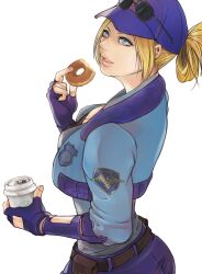 Rule 34 | 1girl, baseball cap, blonde hair, blue eyes, blue gloves, blue jacket, breasts, cleavage, coffee cup, cropped jacket, cup, disposable cup, doughnut, eyewear on head, final fight, fingerless gloves, food, gloves, hat, highres, jacket, lucia morgan, medium breasts, nishinb, police, police uniform, policewoman, solo, street fighter, street fighter v, uniform, white background