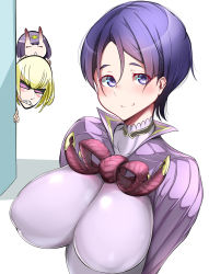 Rule 34 | alternate hair length, alternate hairstyle, bodysuit, breasts, covered erect nipples, fate/grand order, fate (series), highres, horns, huge breasts, hyuuman, impossible clothes, large breasts, minamoto no raikou (fate), oni, parted bangs, pixiv fate/grand order contest 2, purple bodysuit, purple eyes, purple hair, sakata kintoki (fate), short hair, shuten douji (fate), skin-covered horns, skin tight, smile