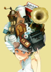 Rule 34 | 1girl, bare shoulders, blue eyes, frills, hat, heart, index finger raised, kettle, key, lock, looking at viewer, nail polish, original, padlock, plate, pocket watch, pointing, pointing up, radio, shirt, sign, silver hair, simple background, sleeveless, sleeveless shirt, smile, solo, upper body, watch, yellow background, yoshida seiji