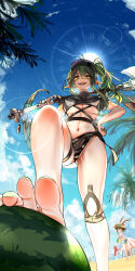 Rule 34 | 6+girls, absurdres, amiya (arknights), arknights, axe, barefoot, beach, bikini, black bikini, blue sky, breasts, ch&#039;en (arknights), cleavage, commentary, criss-cross straps, crocodilian tail, fangs, feet, food, foot focus, foreshortening, from below, fruit, gavial (arknights), green hair, hand on own hip, highres, holding, holding weapon, hoshiguma (arknights), knee strap, kourou (kouroukun), large breasts, lens flare, mudrock (arknights), mudrock (silent night) (arknights), multiple girls, nail polish, open mouth, palm tree, pointy ears, projekt red (arknights), projekt red (light breeze) (arknights), side ponytail, sky, soles, solo focus, sun, swimsuit, symbol-only commentary, tail, thigh strap, toenail polish, toenails, toes, tree, underboob, visor cap, watermelon, weapon, yellow eyes