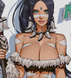 Rule 34 | 1girl, bad id, bad pixiv id, bare shoulders, black hair, bodypaint, breasts, closed mouth, collarbone, dark-skinned female, dark skin, duplicate, earrings, etama quomo, facepaint, fur trim, gem, green eyes, hatching (texture), holding, holding polearm, holding weapon, jewelry, league of legends, long hair, looking at viewer, necklace, nidalee, off shoulder, pixel-perfect duplicate, polearm, ponytail, signature, spear, tooth earrings, tooth necklace, torn, torn clothes, upper body, weapon