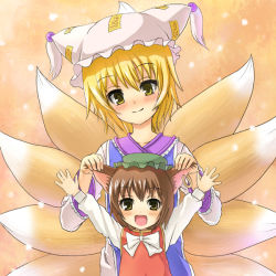 Rule 34 | 2girls, animal ears, animal hat, arms up, blonde hair, blush, bow, cat ears, cat girl, cat tail, chen, earrings, female focus, fox ears, fox tail, grabbing another&#039;s ear, hand on another&#039;s ear, hat, head tilt, jewelry, long sleeves, mitsuki yuuya, mob cap, multiple girls, o/, outstretched arms, mob cap, ribbon, short hair, tail, tassel, touhou, yakumo ran, yellow eyes