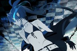 Rule 34 | 1girl, absurdres, bare shoulders, belt, belt buckle, bikini, bikini top only, bikini under clothes, black bikini, black hair, black rock shooter, black rock shooter (character), black shorts, blue eyes, blue fire, breasts, buckle, chain, checkered background, choker, collarbone, fire, flaming eye, flat chest, front-tie bikini top, front-tie top, glowing, glowing eye, hair between eyes, highres, long hair, looking afar, looking to the side, navel, no shirt, open clothes, pale skin, ponytail, scar, serpent (pepepp39), shorts, sidelocks, small breasts, solo, stitches, stomach, swimsuit, very long hair