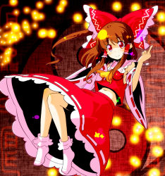 Rule 34 | 1girl, ascot, bobby socks, bow, brown hair, detached sleeves, female focus, floating, hair bow, hakurei reimu, japanese clothes, middle finger, midriff, miko, navel, red eyes, short hair, smile, socks, solo, sw (taco), touhou