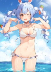 Rule 34 | 1girl, ;d, absurdres, animal ears, armpits, arms up, bikini, blue hair, blue sky, blush, bow, braid, breasts, carrot hair ornament, choker, cleavage, cloud, collarbone, cowboy shot, day, food-themed hair ornament, hair bow, hair ornament, highres, hololive, long hair, looking at viewer, medium breasts, mountainous horizon, multicolored hair, navel, o-ring, o-ring bikini, one eye closed, open mouth, orange eyes, outdoors, rabbit-shaped pupils, rabbit ears, sidelocks, sky, smile, solo, stomach, sunlight, swimsuit, symbol-shaped pupils, taht (that is mm), thick eyebrows, twin braids, two-tone hair, usada pekora, virtual youtuber, wading, water, water drop, white bikini, white bow, white choker, white hair