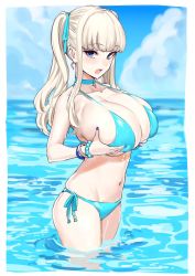 Rule 34 | 1girl, bare shoulders, bead bracelet, beads, bikini, blue bikini, blue eyes, blue sky, blush, bracelet, breast hold, breasts, choker, cleavage, collarbone, highres, huge breasts, jewelry, lactation, lactation through clothes, light blonde haired girl (michihasu), long hair, looking at viewer, michihasu, nail polish, ocean, open mouth, original, sidelocks, silver hair, sky, solo, swimsuit, thighs, twintails, wading