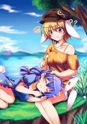 Rule 34 | 2girls, :3, ?, ??, absurdres, animal ears, blonde hair, blue dress, blue hair, blue sky, blurry, blurry background, bra, bra strap, breasts, brown hat, closed eyes, cloud, collarbone, dango, day, dress, earclip, ears down, eating, extra ears, floppy ears, food, frilled dress, frills, grass, hair between eyes, hair tie, hat, highres, koissa, lap pillow, legs, looking at another, looking down, low twintails, lying, lying on lap, medium breasts, mimikaki, misty lake, mountain, multiple girls, on side, orange bra, orange shirt, outdoors, rabbit ears, rabbit tail, red eyes, reflection, ringo (touhou), scarlet devil mansion, seiran (touhou), shirt, shirt slip, short dress, short hair, shorts, sitting, sky, split ponytail, star (symbol), star print, tail, thighs, touhou, tree, twintails, underwear, wagashi, water, yellow shorts