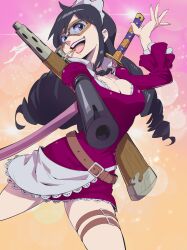 Rule 34 | 1girl, absurdres, aetherion, apron, baby 5, black hair, breasts, cigarette, curvy, drill hair, goggles, gun, highres, large breasts, lipstick, long hair, maid, maid apron, maid headdress, makeup, one piece, smile, weapon, weapon on back