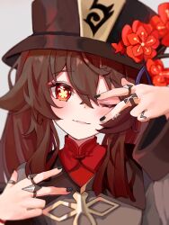 Rule 34 | 1girl, absurdres, artist name, black nails, brown hair, closed mouth, commentary, flower, flower-shaped pupils, genshin impact, grey background, hands up, hat, hat flower, highres, hu tao (genshin impact), jewelry, long hair, long sleeves, looking at viewer, multiple rings, one eye closed, plum blossoms, porkpie hat, red eyes, red shirt, ring, shirt, smile, solo, symbol-shaped pupils, upper body, w, xishuu (user dvah3828)