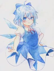 Rule 34 | 1girl, ahoge, blue bow, blue eyes, blue hair, bow, cirno, closed mouth, collared shirt, connyaku289, cropped torso, crossed bangs, dress, grey background, hair bow, hand on own hip, highres, looking at viewer, neck ribbon, painting (medium), pinafore dress, red ribbon, ribbon, shirt, short hair, simple background, sleeveless dress, smile, solo, touhou, traditional media, watercolor (medium), white shirt