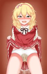 Rule 34 | 1girl, blonde hair, blush, bow, breasts, clothes lift, dress, dress lift, embarrassed, female focus, green eyes, hair bow, hair ornament, hairband, half-closed eyes, hands up, highres, idolmaster, idolmaster cinderella girls, lifted by self, long sleeves, looking at viewer, nabuki32, open mouth, panties, peeing, peeing self, pink bow, red background, red dress, ribbon, sakurai momoka, simple background, small breasts, solo, standing, steam, sweat, tears, textless version, trembling, underwear, wet, wet clothes, wet panties, white panties