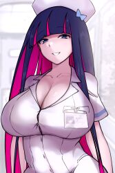 Rule 34 | 1girl, blue eyes, blue hair, breasts, bright pupils, cleavage, commentary, gloves, hat, highres, hospital, indoors, large breasts, looking at viewer, medium breasts, moyashi (tenor366), multicolored hair, name tag, nurse, nurse cap, official alternate costume, panty &amp; stocking with garterbelt, pink hair, shirt, short sleeves, smile, solo, stocking (psg), streaked hair, symbol-only commentary, thighhighs, white gloves, white shirt