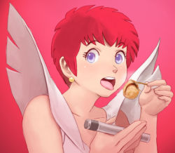 Rule 34 | 1girl, bad id, bad pixiv id, coconna, earrings, eating, food, jewelry, lafolie, microphone, open mouth, purple eyes, red hair, short hair, solo, soukou kihei votoms, takoyaki, tongue